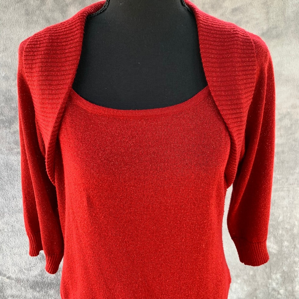 Red Metallic Knit Sweater Tank & Shrug Set | Lurex Holiday Party Twinset M L